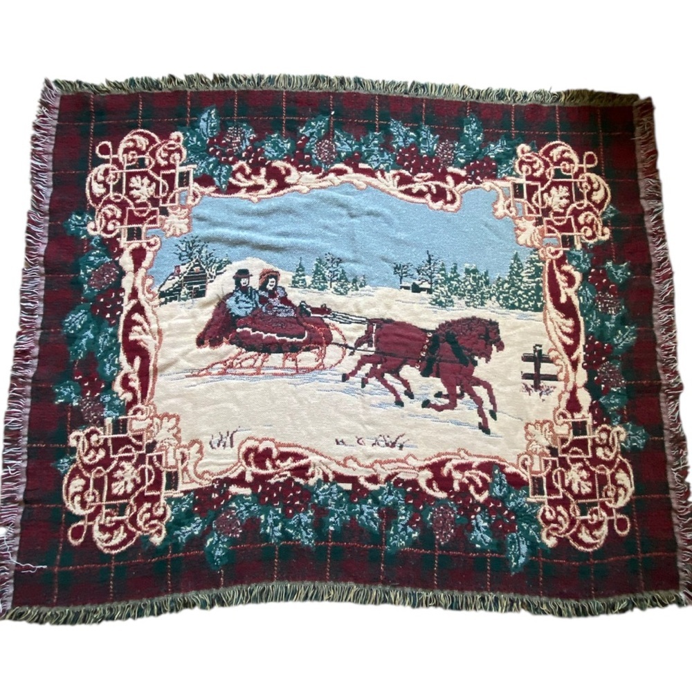 Crown Crafts Throw Blanket 48"x59" Christmas Sleigh Riding Winter 100% Cotton US